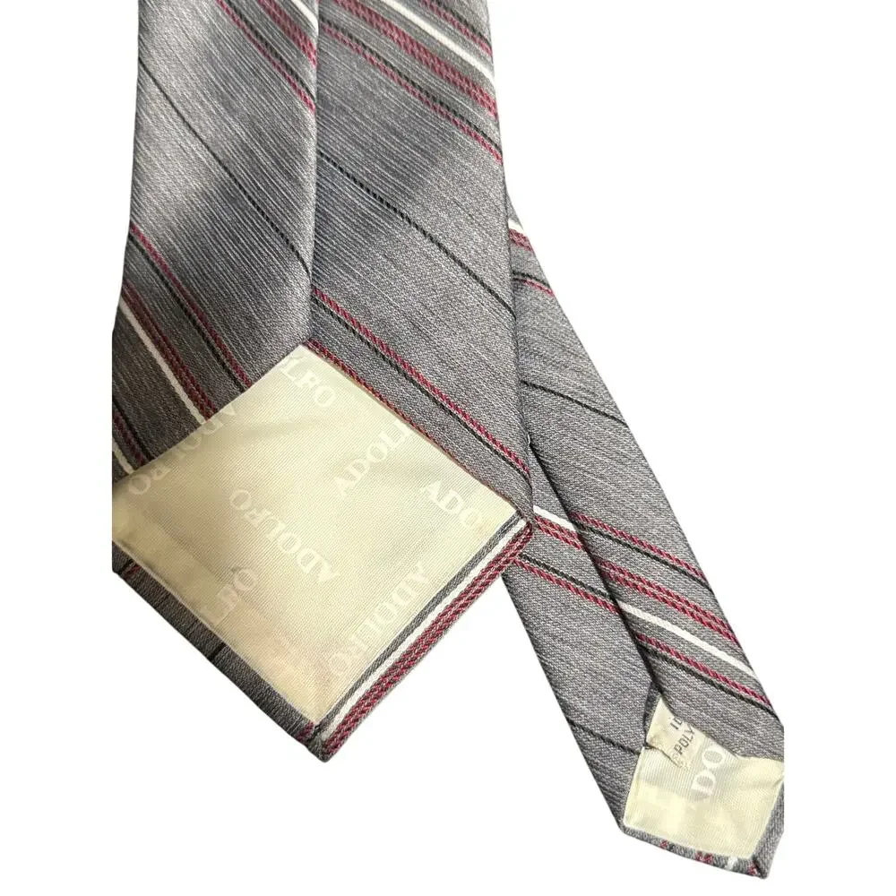 Vintage Adolfo Men's Gray and Red Striped Necktie